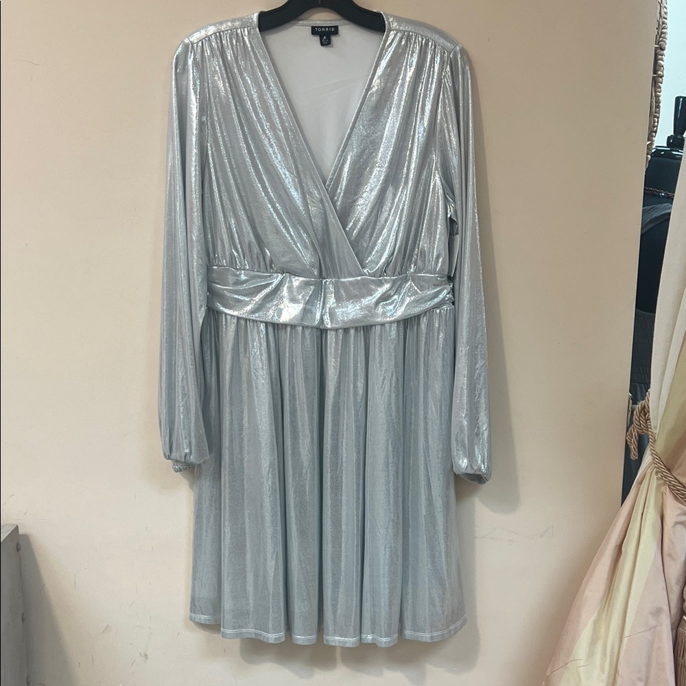 Torrid Wrap Dress Womens 0‎ Silver Shimmering Long Sleeve Plus Party Glam Disco